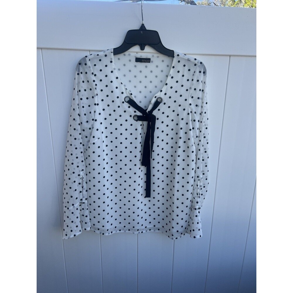 Renuar Womens XS Blouse Black White Polka Dot Tie Neck Lined